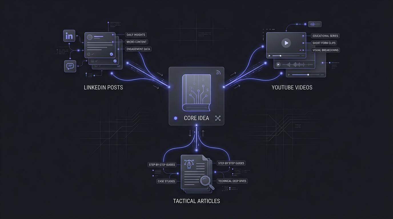 An infographic showing how 6sense atomizes its core thought leadership into smaller content pieces for LinkedIn and YouTube.